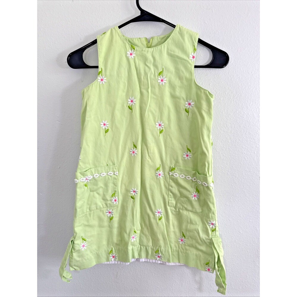 Vtg Lilly Pulitzer Dress Kids 7 Green Embroidered Floral Daisy Sleeveless Spring